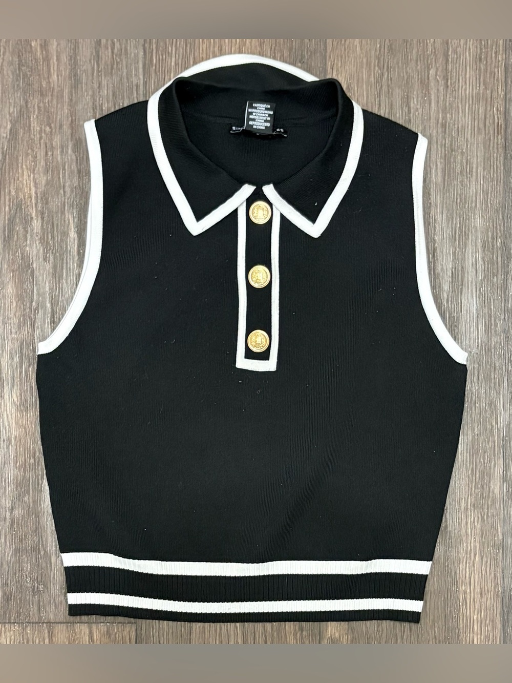 Sincerely Jules Black White Sleeveless Collared Knit Top Size Large Preppy Chic